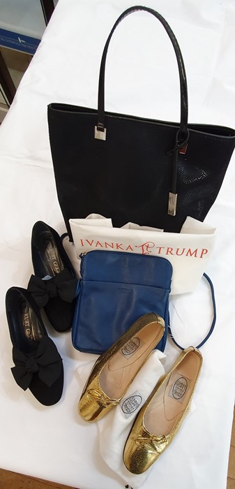 Ivanka Trump black suede handbag, blue Osprey leather handbag, pair of Kurt Geiger black suede and