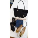 Ivanka Trump black suede handbag, blue Osprey leather handbag, pair of Kurt Geiger black suede and