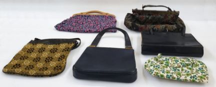 Quantity of various vintage handbags, knitting bags and assorted vintage hats including a black