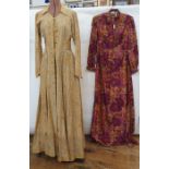 Indian full-length linen embroidered housecoat,  with the pine cone design, fabric covered buttons