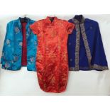 Various Oriental satin jackets including a two-piece and a printed Thai silk dress (7)