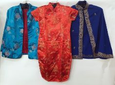 Various Oriental satin jackets including a two-piece and a printed Thai silk dress (7)