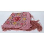 Extra large Chinese embroidered pale pink shawl heavily embroidered with flowers, etc