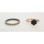 18ct gold and black stone cluster dress ring (one stone missing), possibly jet and a silver and