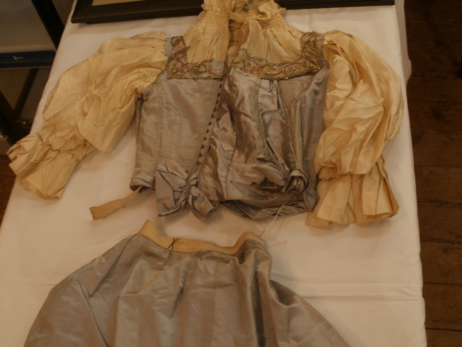 Quantity of Victorian clothes including a satin skirt with bodice trimmed with later decoration, a - Image 4 of 10