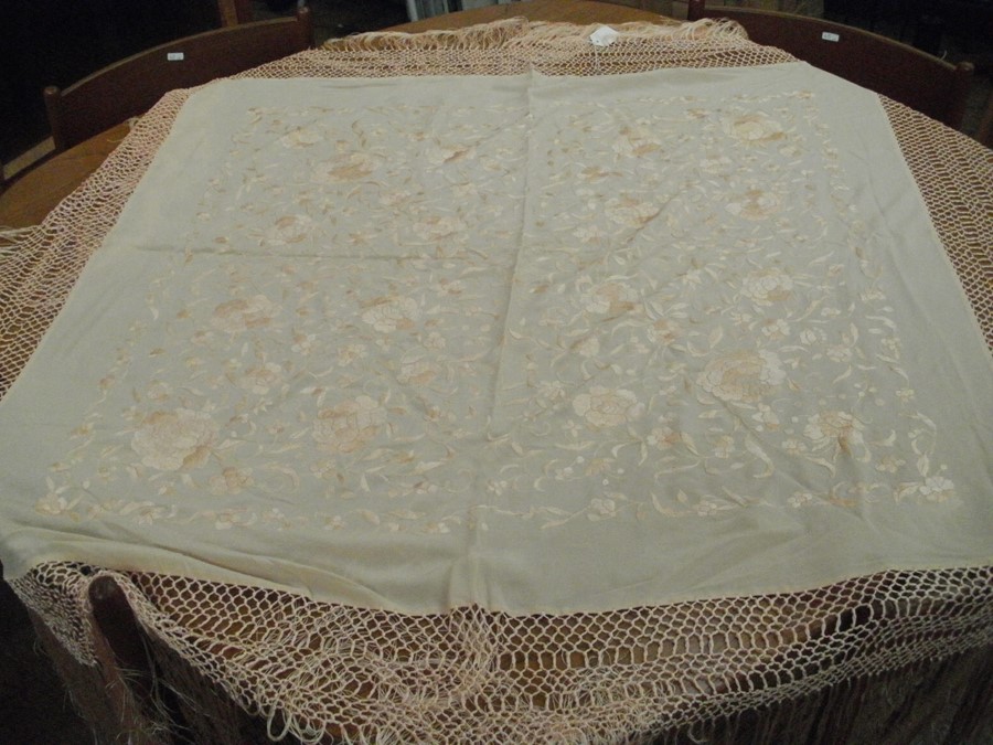 Large black silk embroidered piano shawl and a smaller peach embroidered shawl (2)  Condition - Image 4 of 5