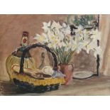 W.G.Scott-Brown 'Bill' Acrylic on board Still life study of narcissus with chianti bottle and