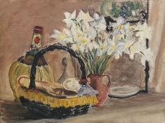 W.G.Scott-Brown 'Bill' Acrylic on board Still life study of narcissus with chianti bottle and