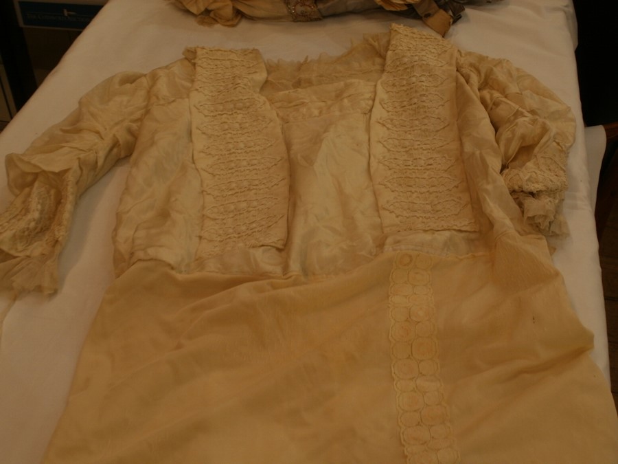 Quantity of Victorian clothes including a satin skirt with bodice trimmed with later decoration, a - Image 9 of 10