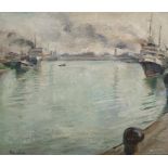 Rowland (20th century)  Oil on canvas  Harbour scene, possibly Ostend Harbour, signed lower left,