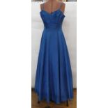 1950's blue satin evening gown with spaghetti straps, a felt hat and a rhinestone brooch pinned to