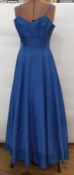 1950's blue satin evening gown with spaghetti straps, a felt hat and a rhinestone brooch pinned to