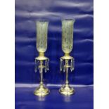 Pair cut glass and EPNS candlestick lustre vases,