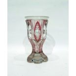 Bohemian-style ruby flashed cut glass goblet-shaped vase, hexagonal and on petal-shaped foot, 16.5cm