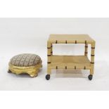 Giltwood circular footstool with woolwork tapestry striped and floral top and a two-tier miniature