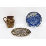 Macintyre marbled pottery circular cheese stand, similar jug and a blue and white bowl (3)