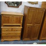 20th century pine two-door wardrobe, a blanket box and a chest of two short over two long drawers (