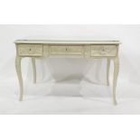 Cream painted wood Louis XV style side table, rectangular, glass-topped and having three frieze