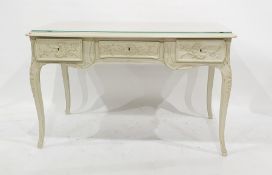 Cream painted wood Louis XV style side table, rectangular, glass-topped and having three frieze