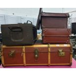 Canvas and wood-bound school trunk and two vintage leather suitcases (3)