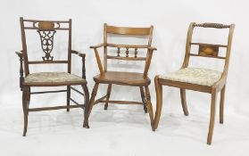 19th century elm seated carver chair on turned supports and two further inlaid chairs (3)