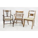 19th century elm seated carver chair on turned supports and two further inlaid chairs (3)