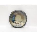 Studio pottery stoneware large shallow bowl with chamfered incised rim decorated in shades of blue