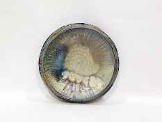 Studio pottery stoneware large shallow bowl with chamfered incised rim decorated in shades of blue