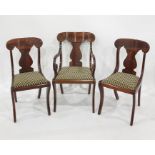 Regency mahogany open arm chair with curved overset shoulderboard, vase-shaped splat back and on