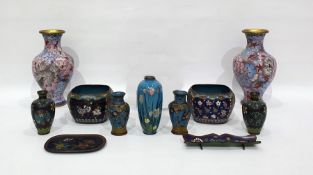 Japanese cloisonne enamel vase decorated irises on a blue ground (damaged) and a large quantity of