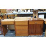 Teak chest of three drawers, a lift-top dressing table, a mahogany cupboard and an Eastern