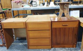 Teak chest of three drawers, a lift-top dressing table, a mahogany cupboard and an Eastern