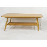 Light elm Ercol coffee table with oblong top, beech supports and beech undertier, top 103.5cm x 46cm