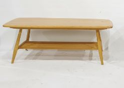 Light elm Ercol coffee table with oblong top, beech supports and beech undertier, top 103.5cm x 46cm