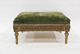 Low green upholstered stool in gold sprayed bergere frame, on turned supports Condition ReportWidth-