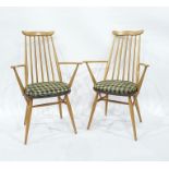 Two elm seated Ercol stick back carver chairs with beech frames (2)