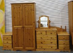 Pine two-door wardrobe, a chest of drawers, two bedside chests, two headboards and a dressing