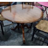 19th century mahogany snap-top circular centre table with moulded edge, on turned pedestal to