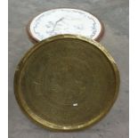 Brass tray table with Islamic motifs and writing, a folding stand and a circular needlework