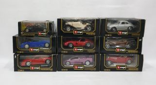 Nine Burago model cars to include Porsche, Mercedes, Ferrari and Bugati