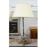 Brass table lamp with turned column and tripod base, with cream shade