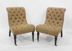 Pair Victorian button upholstered scroll back easy armless chairs on front turned tapering stump