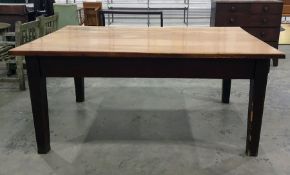 Large rectangular-topped farmhouse table with replacement formica top, pine base on square section