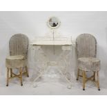 Cream painted dressing table, with circular mirror on a scrolled iron base, together with two