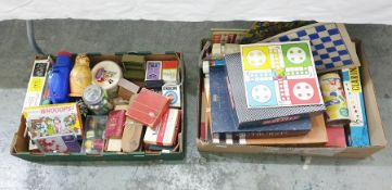 Two boxes of assorted toys including board games, card, dominoes, marbles, etc