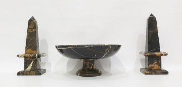 Marble comport bowl, black with brown, tan and cream marbling. 25.5cm diameter and pair matching