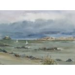 20th century Larkman Watercolour drawing Seascape showing sailing boats and island in the background