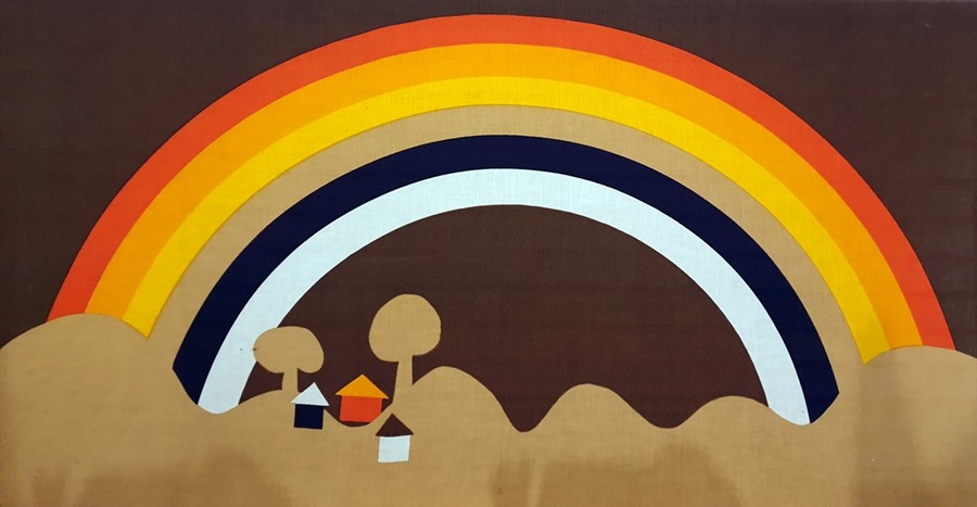 A modernist screenprint showing a rainbow against a landscape