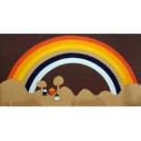 A modernist screenprint showing a rainbow against a landscape