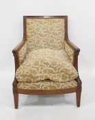 Mahogany shewwood square-back armchair, the arms with ram’s mask supports and scallopshell